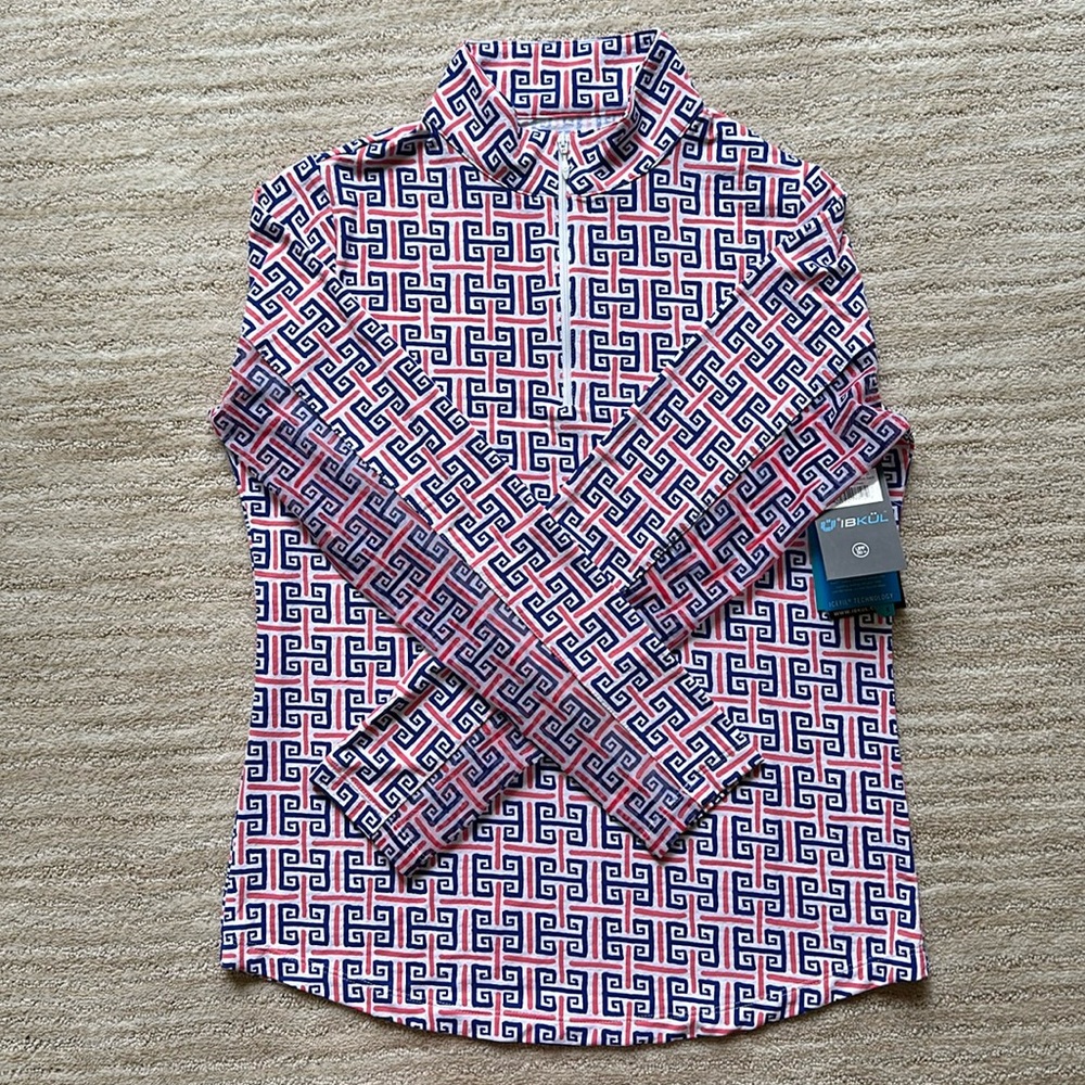 NWT IBKÜL Zip Mock Neck Geo Key Print 1/4 ZIP Polo Long Sleeve Top Size Small - Picture 3 of 16